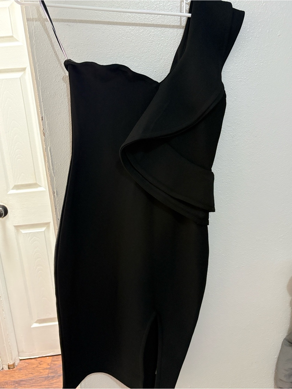 Black One-Shoulder Ruffle Knit Dress